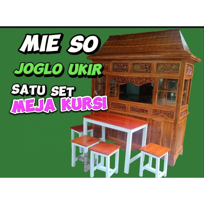 GEROBAK MIE AYAM BAKSO JOGLO UKIR KAYU JATI DAN SATU SET MEJA KURSI