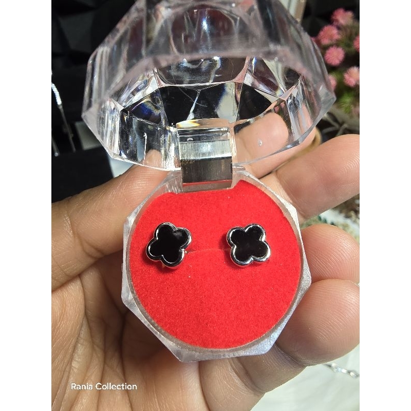 Anting Perak Asli clover model tusuk lapis mas putih