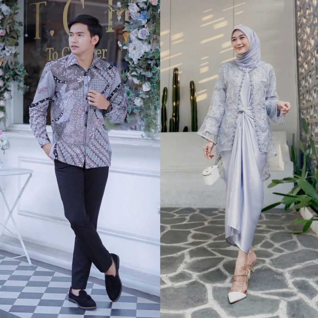 Couple Humaira Dress Kemeja Batik Lengan Panjang Gamis Lilit Kombinasi Outer Brokat Payet Mutiara