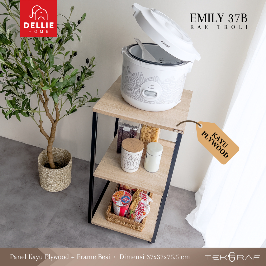 [DELLIE HOME] Rak Rice Cooker Troli Susun Rak Meja Dapur Dorong Beroda Serbaguna Kayu Kaki Besi - Te