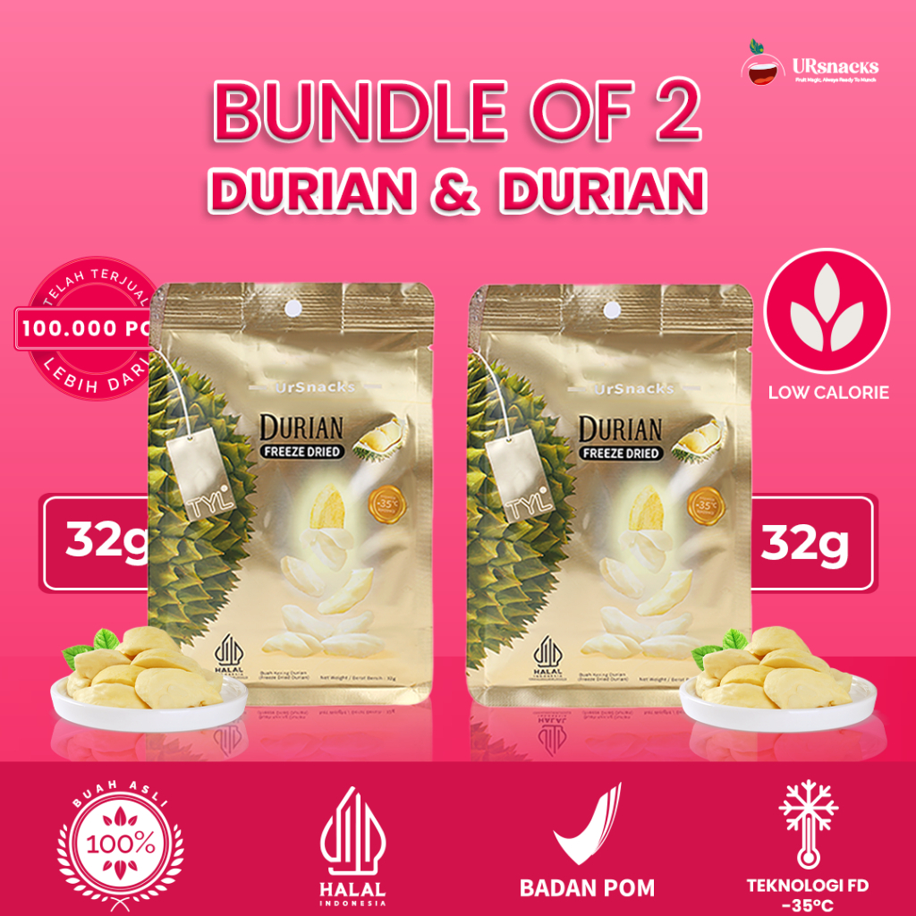 

URSNACKS BUNDLE OF 2 [LIVE] - FREEZE DRIED KERIPIK DURIAN 32gr + DURIAN 32gr - Snack Keripik Buah Asli Halal BPOM