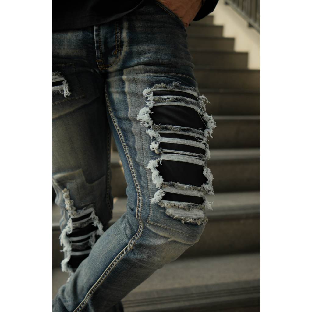 North Denim Celana Jeans Denim Panjang Pria  Strech Ripped Patch Cotton - Blast Blue