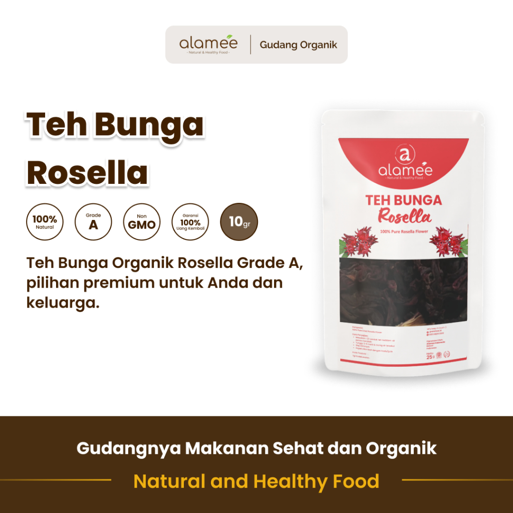 

alamee teh bunga rosella dengan kemasan 10 gram hadir dengan kualitas premium dan warna merah