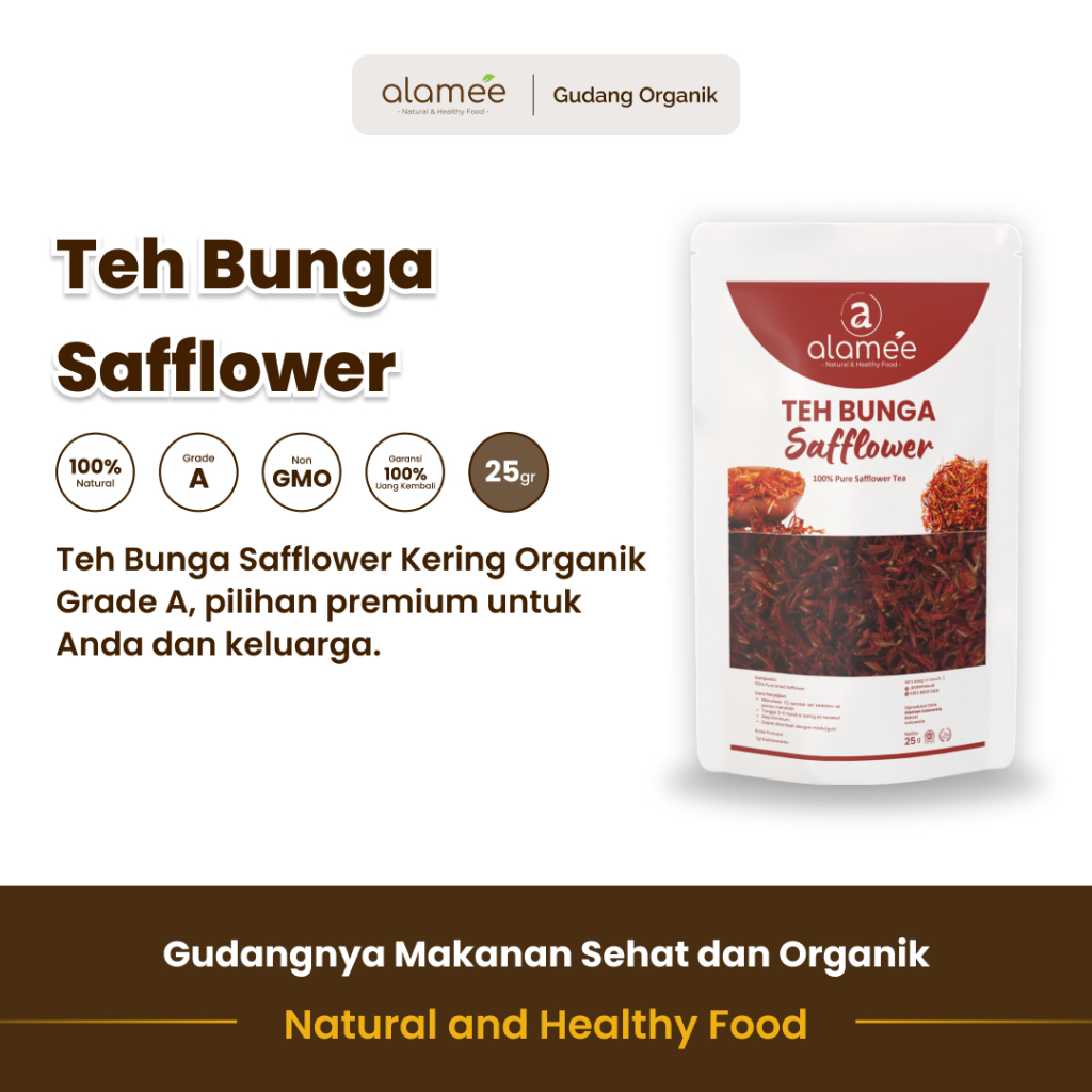 

alamee kemasaan 25 gram teh bunga safflower menghadirkan aroma mewah dan keseimbangan rasa herbal