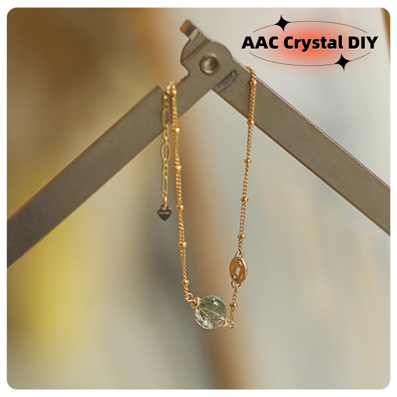 Gelang hantu rambut emas alami kristal hijau untuk wanita, warna cepat emas 14k, stroberi kristal ab