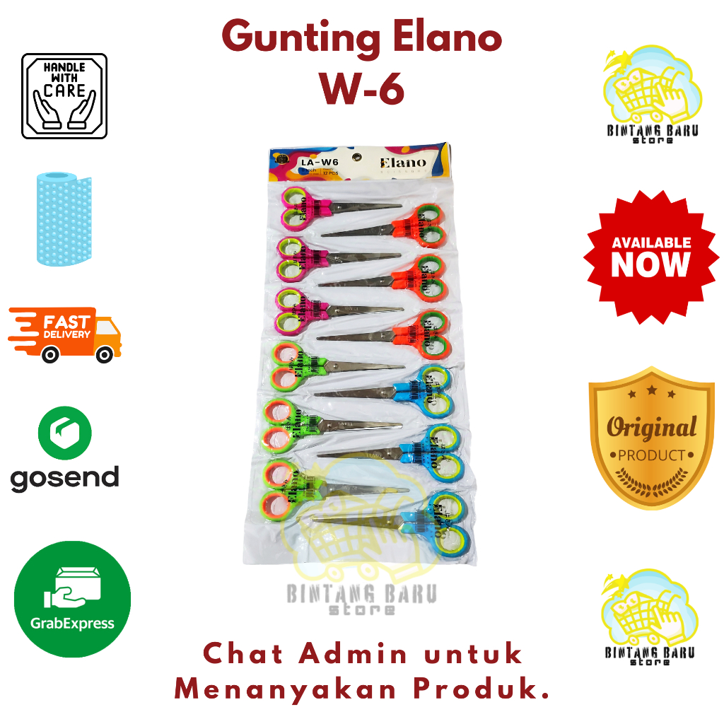 

[HARGA 1 LUSIN] ELANO - GUNTING SEDANG UKURAN 6''INC - WARNA WARNI - TYPE W6