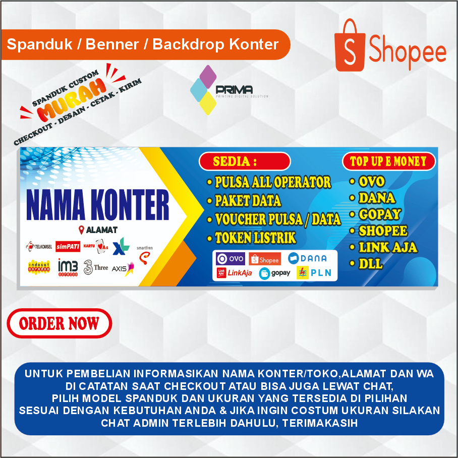 BANNER SPANDUK TOKO KONTER PULSA/HIASAN KONTER PULSA/PERLENGKAPAN KONTER PULSA/BANNER CUSTOM