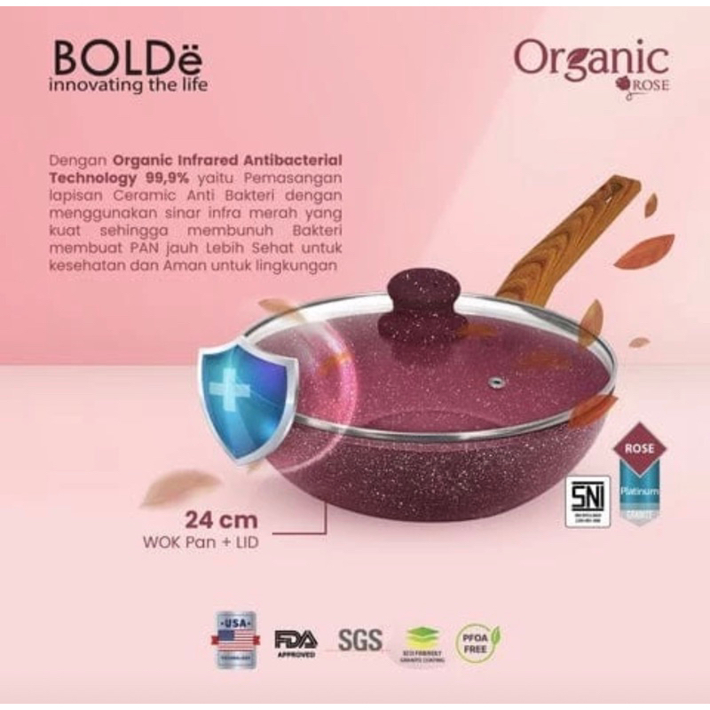 BOLDe Organic Green Wok Pan 24 cm + GLASS LID - Bolde Organic Rose 24cm - Wajan Granit Bolde Superpa