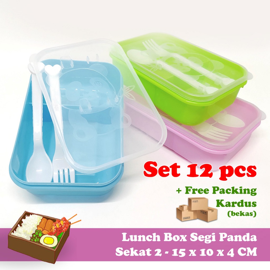 [LUSIN] Set 12 Pcs Lunch Box Segi Panda Sekat 2 - Free Sendok Garpu / Tempat Makan Wadah Bekal Anak 