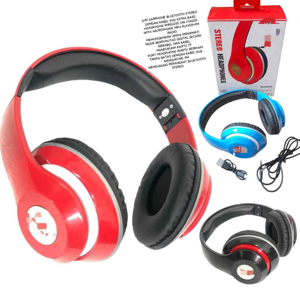 D42 ORI OEM HEADPHONE  BLUETOOTH STEREO DENGAN KABEL AUX EXTRA BASS HEADPHONE WIRELES 2IN1 FUNGS