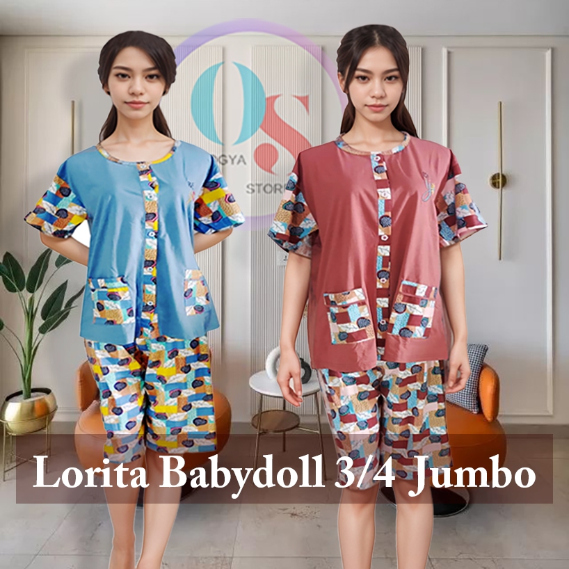 LORITA - Babydoll Full Kancing  - Setelan Baju Tidur Wanita 3/4 Lengan Pendek Jumbo Katun Tebal