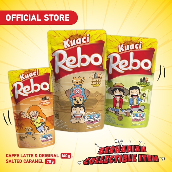 

Rebo Kuaci x One Piece Bundling 3 PCS - Rasa Caffe Latte, Original 140 Gram & Caramel 70 Gram