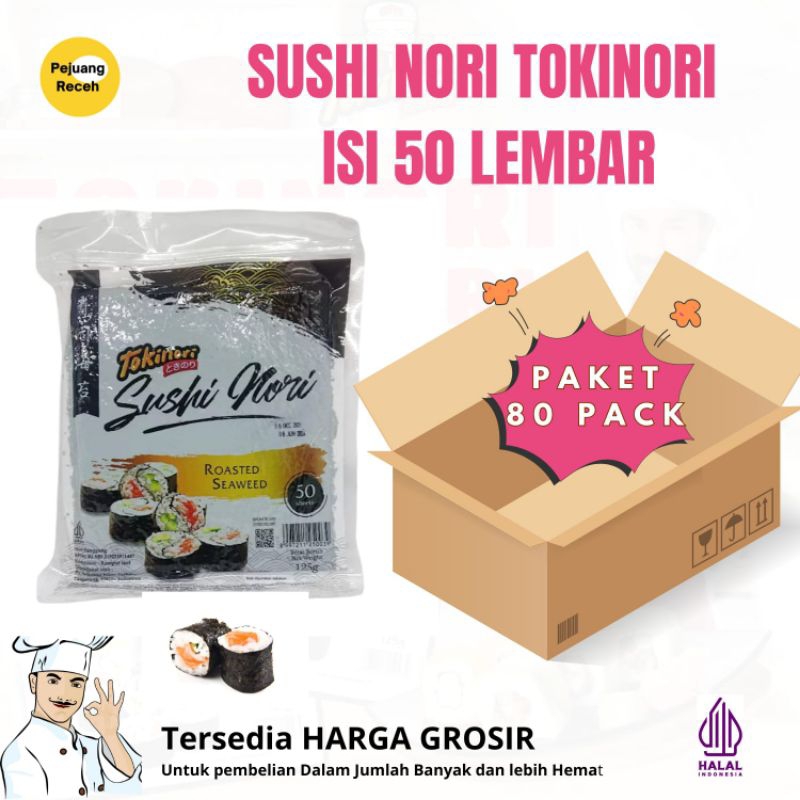 

PAKET HEMAT 1 DUS SUSHI NORI 50 LEMBAR ISI 80 PACK / TOKINORI DAN ICHINORI & ICHI NORI SUSHI NORI - SUSHI NORI LOKAL KUALITAS PREMIUM HALAL UNTUK SUSHI, RAMEN , ONIGIRI, BENTO ISI 50 LEMBAR LEBIH HEMAT UNTUK KEBUTUHAN PANGAN KHAS JEPANG KOREA