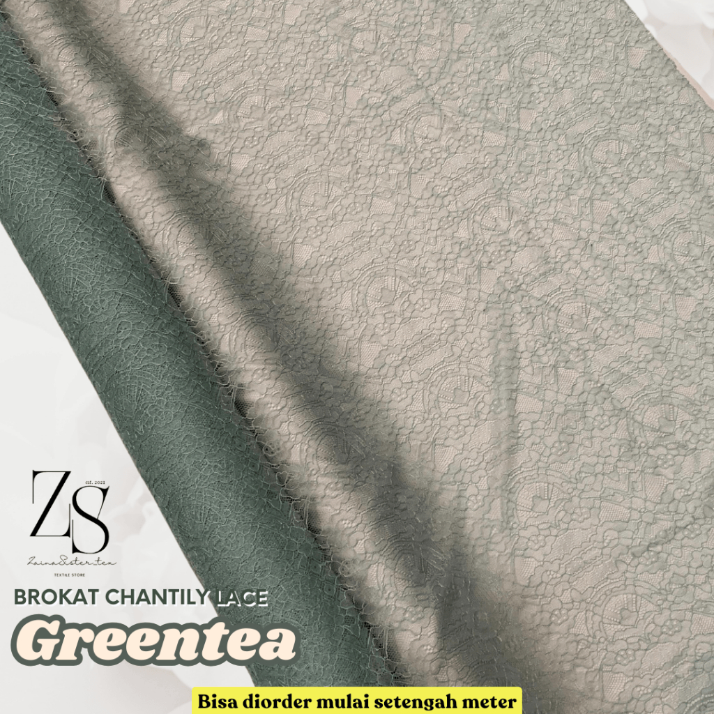 1/2 Meter Bahan Kain Brukat Lace Chantily Semi France Meteran (harga 0,5meter) Warna Hijau Green Tea