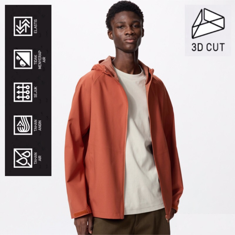 UNIQLO Men Jaket Blocktech Parka Pria Potongan 3D Orange