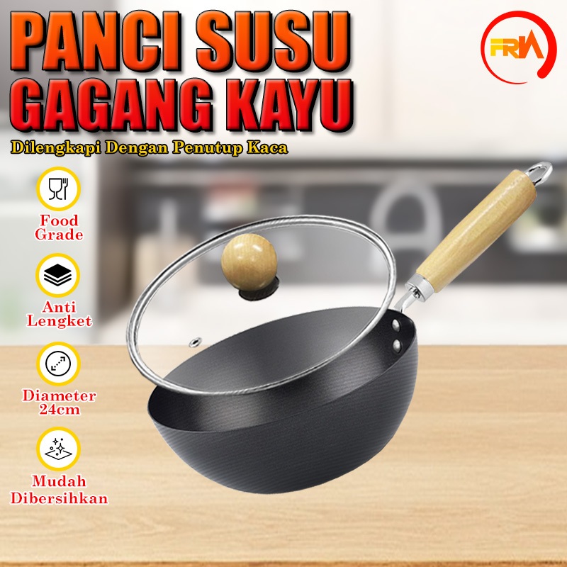 FRN Kitchenware -  Panci Susu Tutup Kaca Panci Sop Gagang Kayu 24cm Serbaguna