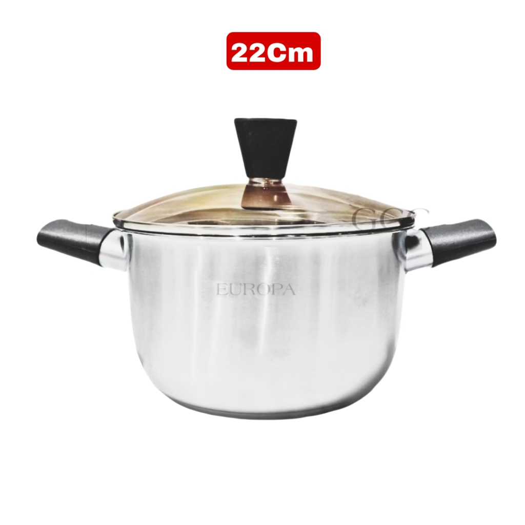 Panci Sup Stainless Steel TEBAL Tutup Kaca Europa Sop Pot 22CM