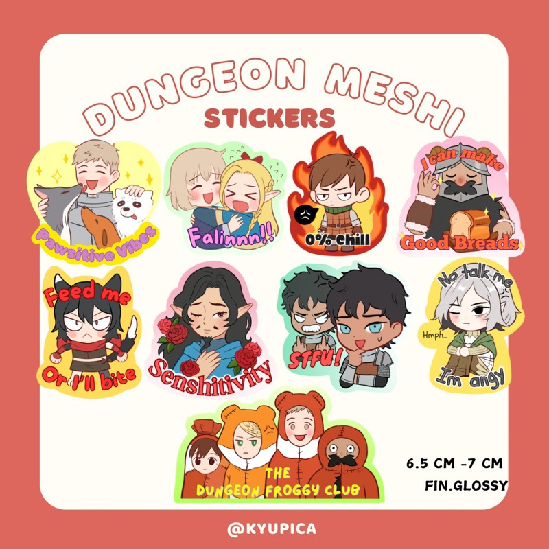 

Dungeon Meshi Stickers (Laios, Marcille, Falin, Senshi, Chilchuck, Kabru, Mithrun) Delicious in Dungeon | art by kyupica