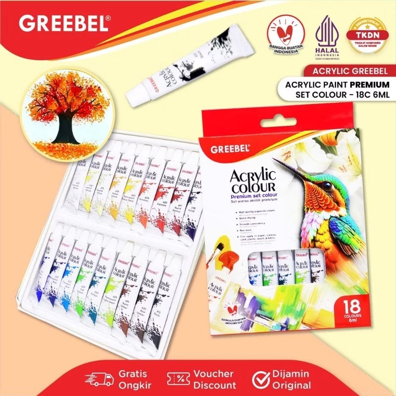 

GREEBEL Cat Lukis Akrilik / Cat Acrylic Colour Kanvas 18 Warna 6 ml (18x6 ml) / Cat Melukis
