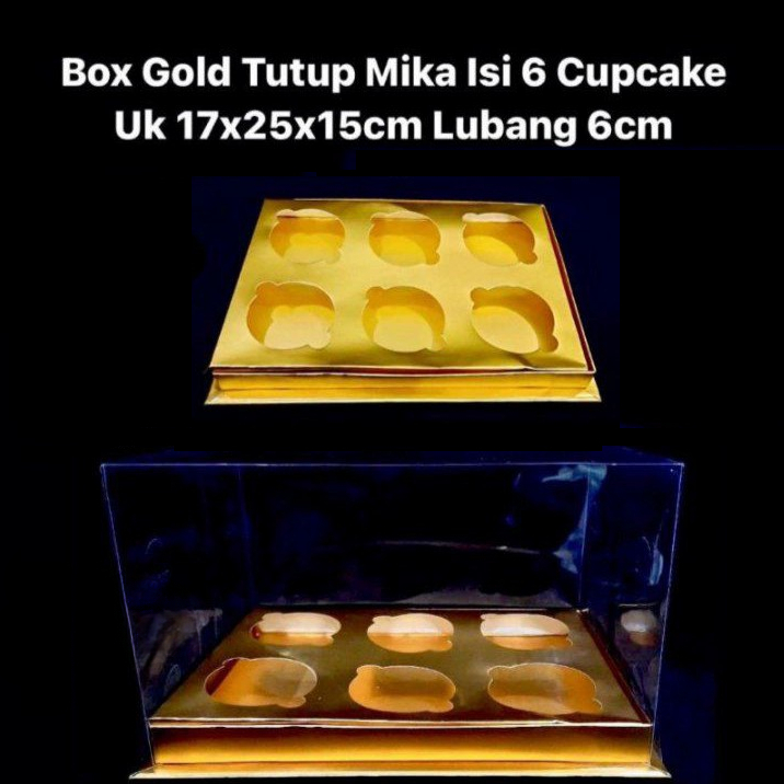 

( 1 pcs ) Dus Gold Tutup Mika Hampers Cupcake Isi 6 Kotak Box Emas Packaging Cake Kardus 17x25x15cm