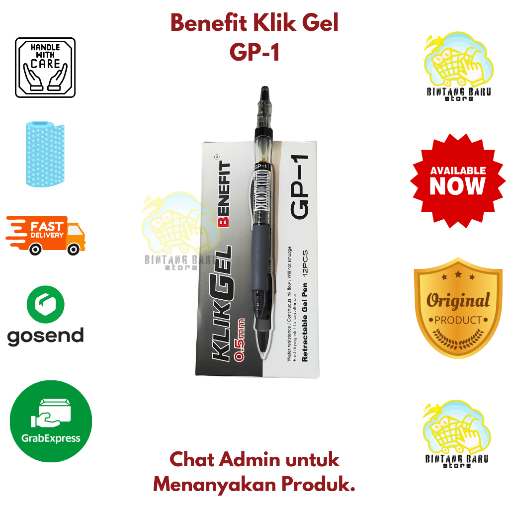 

[HARGA 1 LUSIN] BENEFIT GP-1 - KLIK GEL PEN - PULPEN TINTA HITAM 0.5mm