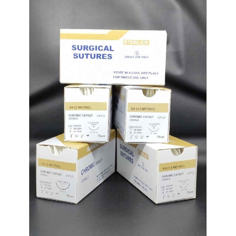 Per BOX Benang jahit (khitan) Catgut Chromic dengan jarum Merek YIWU (3/0) (4/0) (5/0)