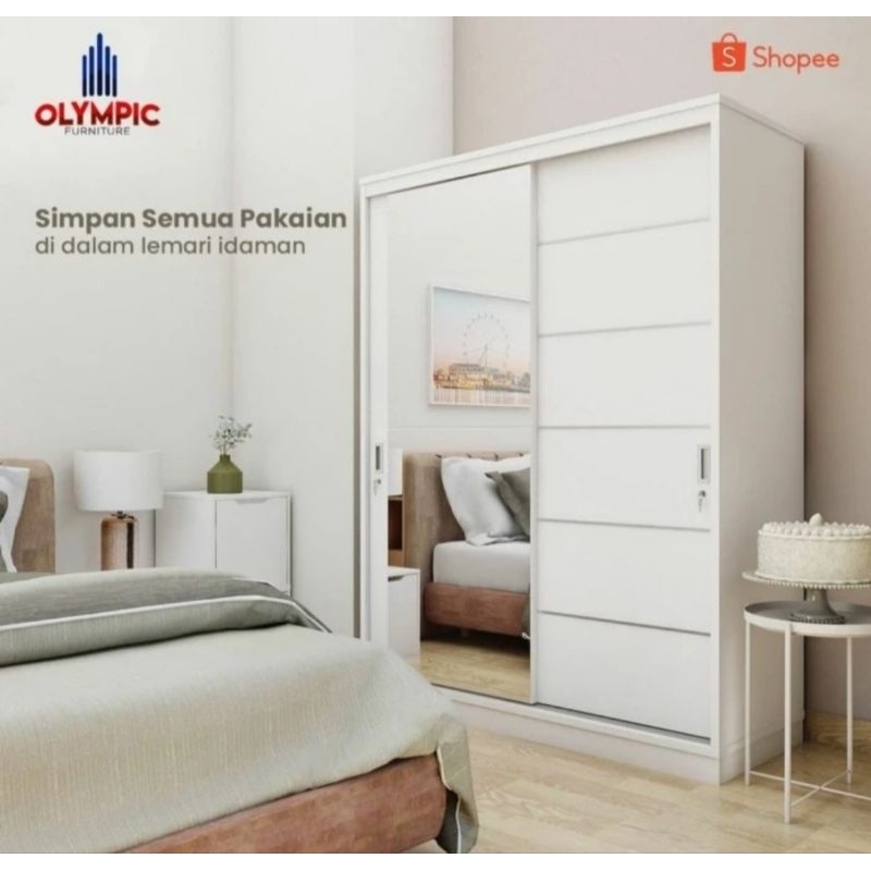 Lemari Baju 2 pintu sliding kaca putih lemari pakaian sliding cermin jumbo WDS PALAZIO OLYMPIC