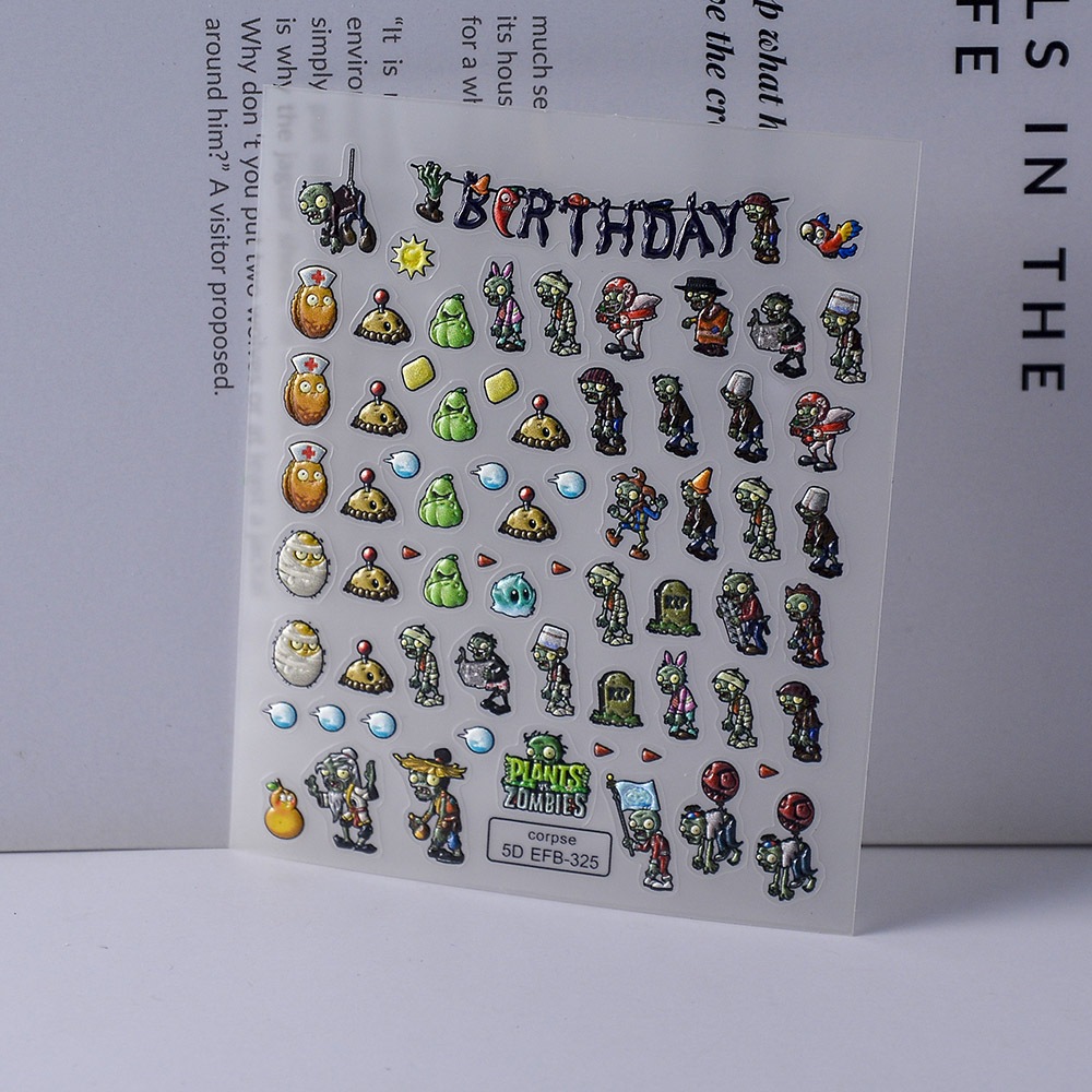 Stiker Kuku Plant VS Zombie 3D Timbul Naik Sticker Nail Art Cartoon Zombie