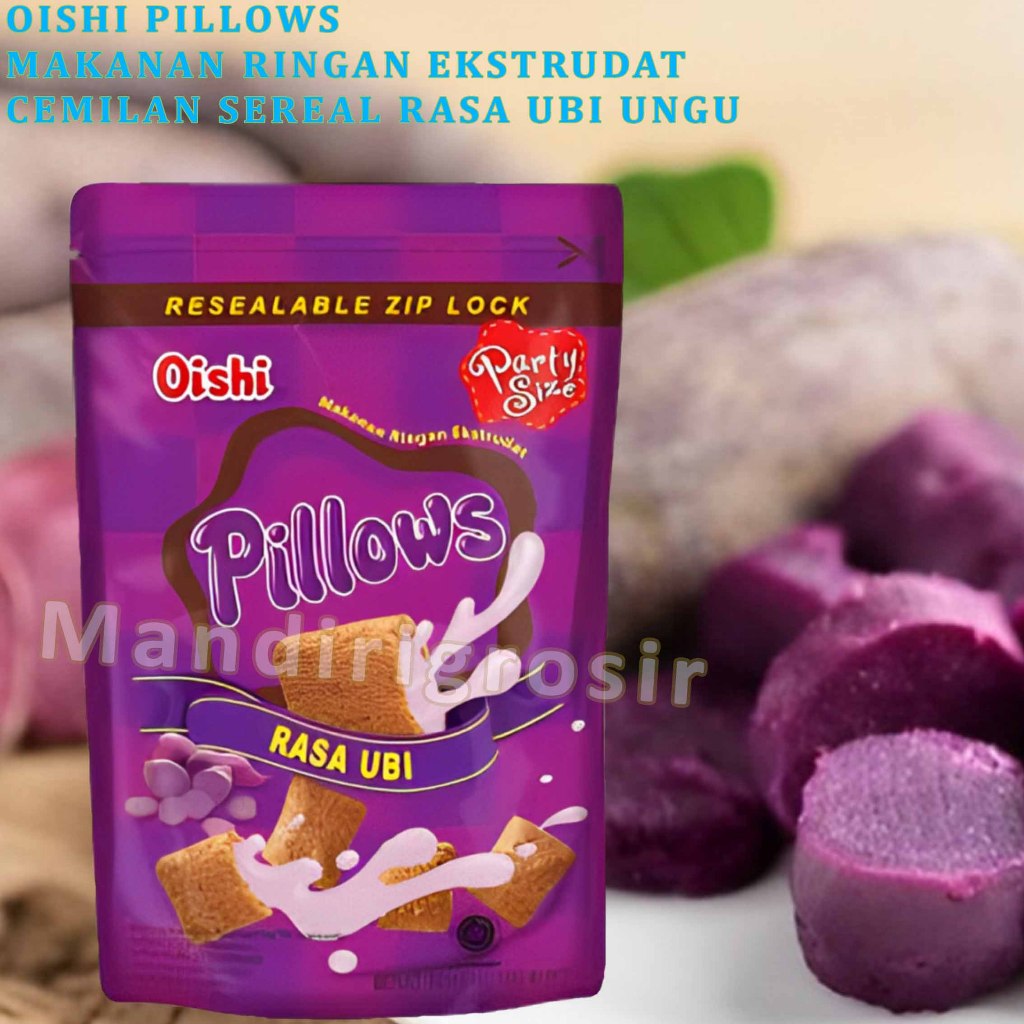 

Makanan Ringan Ekstrudat * Oishi Pillows * Cemilan Sereal Rasa Ubi Ungu * 100gr