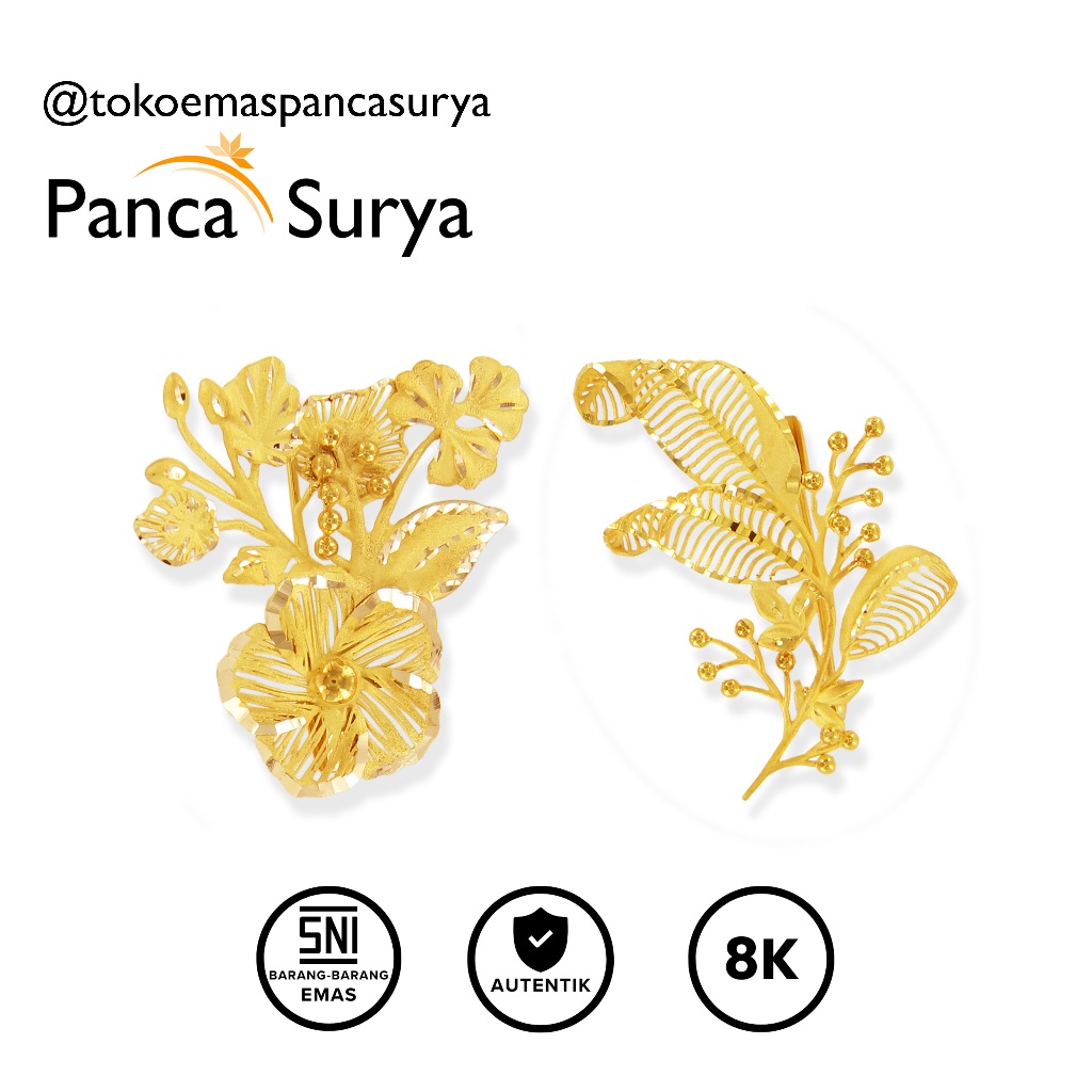 Bros Wanita Bunga Daun Kerawang Cantik Kadar Emas 8K.