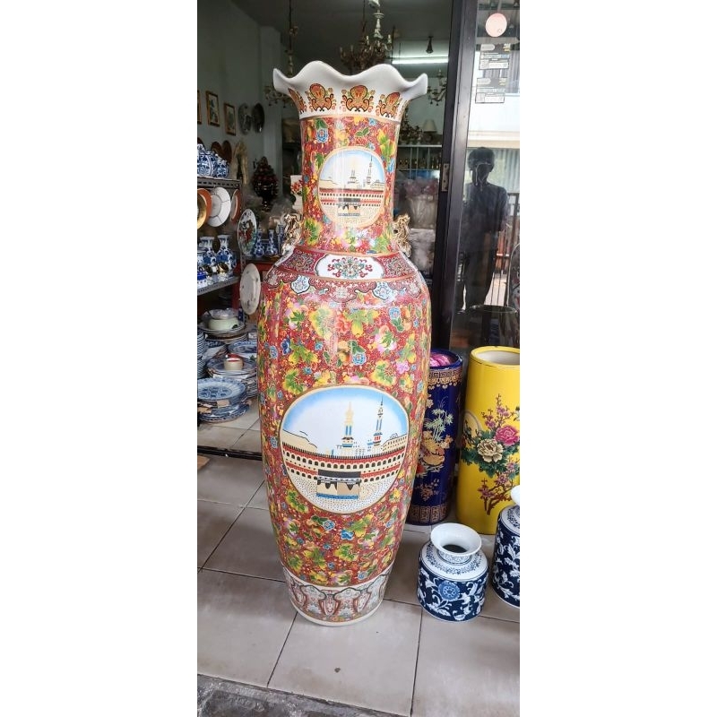 Guci kaligrafi keramik cina tinggi 130 cm/pajangan guci kaqbah besar tambah packing kayu besar