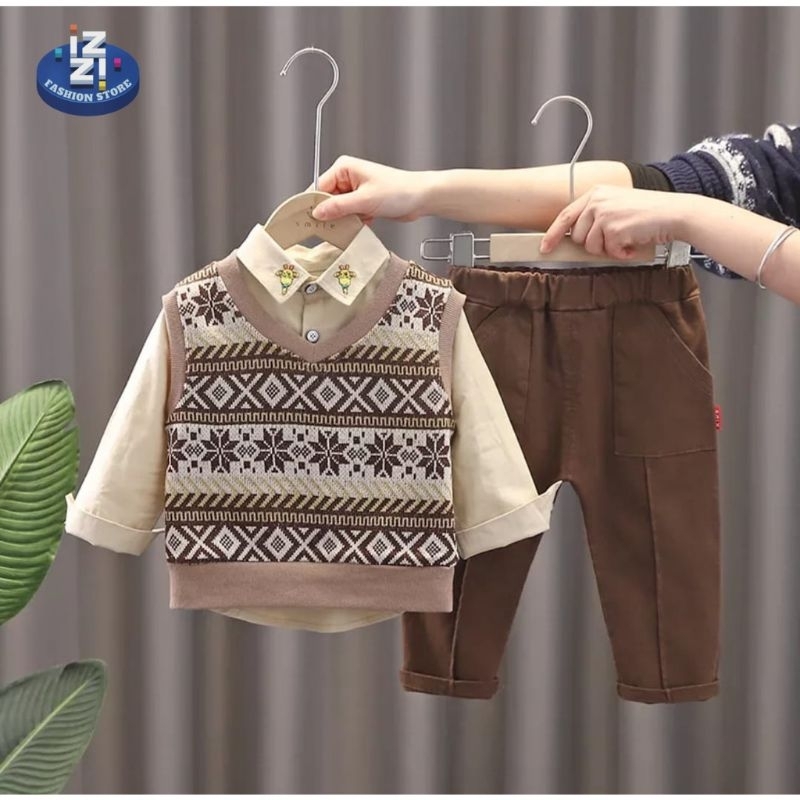 baju anak laki-laki 3 in motif jerapah rompi rajut celana panjang untuk usia 1-5 tahun