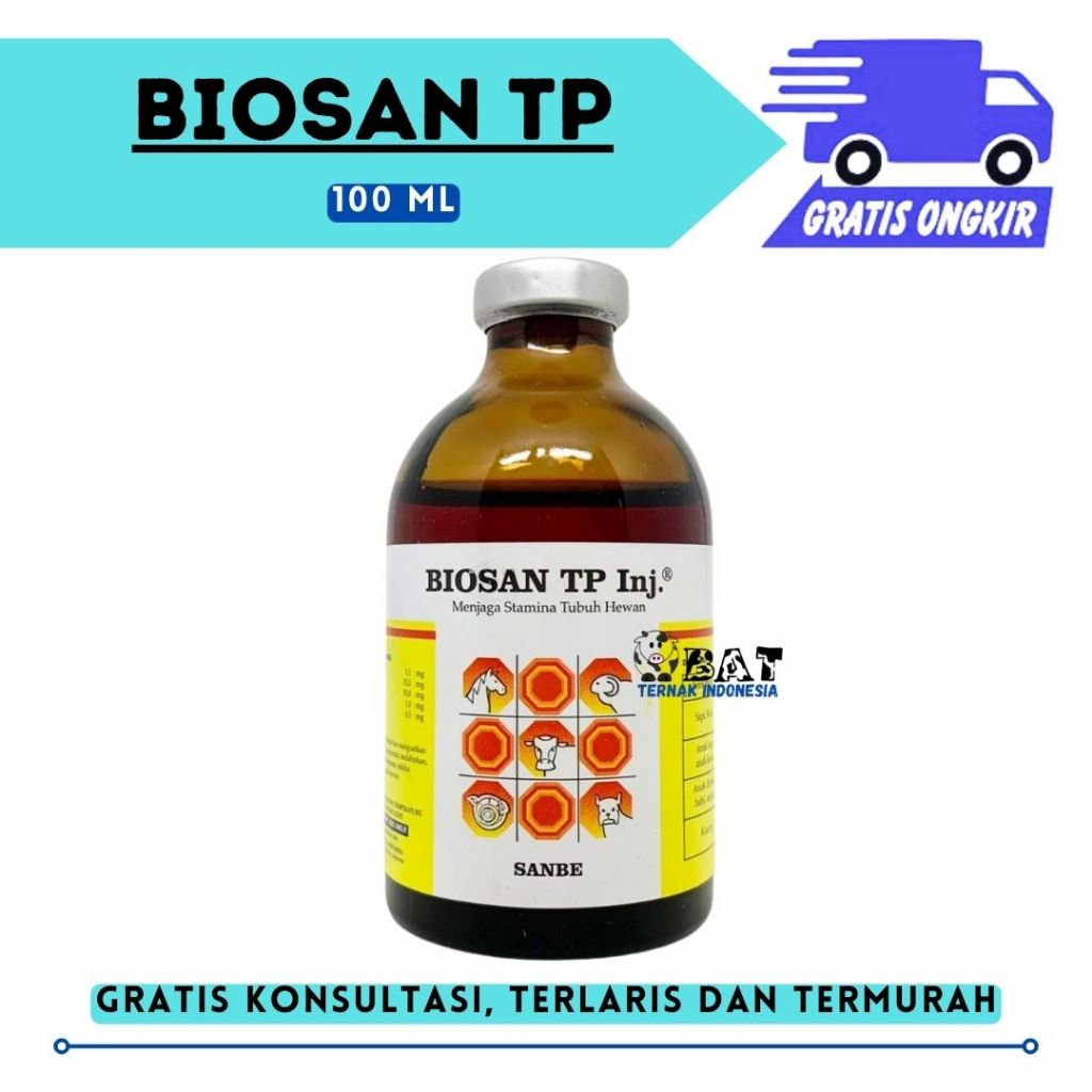 BIOSAN TP INJ 100mL - Meningkatkan Stamina Daya Tahan Tubuh Hewan - Like Biopros Tp