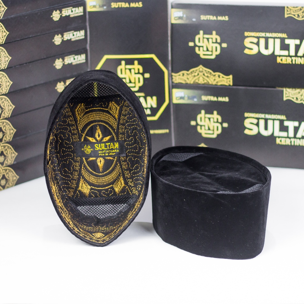 Peci SULTAN GOLD Songkok Bordir NU Kopiah Nasional Tinggi 9 dan 10 cm Beludru Bulu Hitam