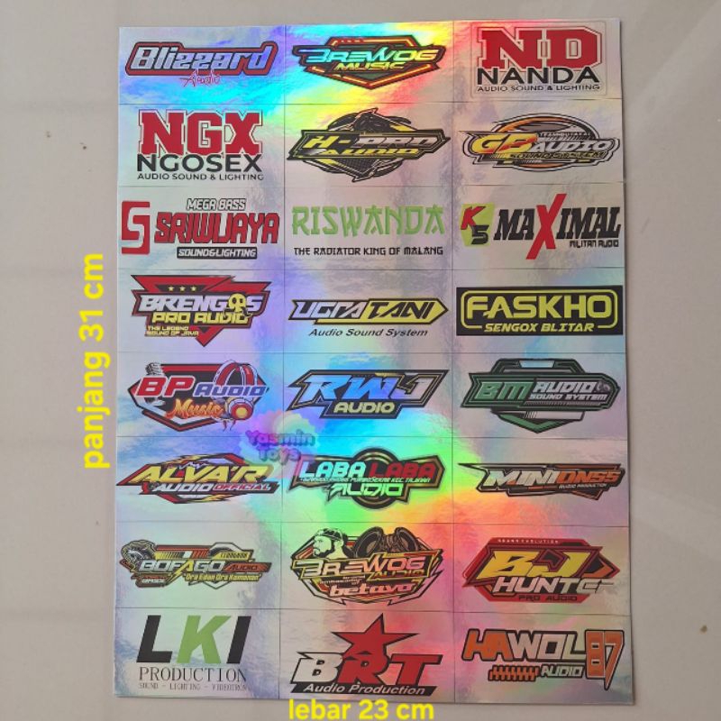 

Stiker Hologram sound system perlembar isi 24pcs macam nama sound system