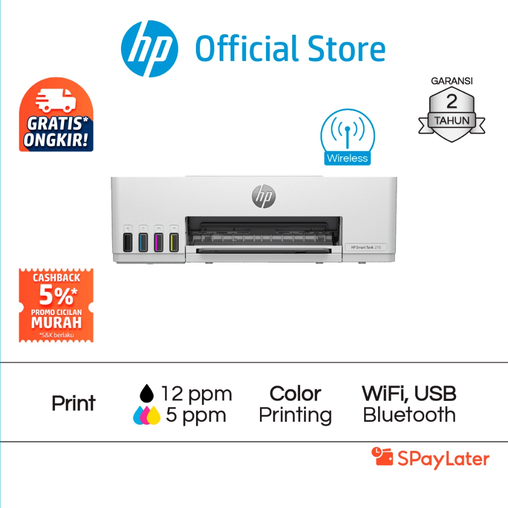 Spaylater 0% - Printer HP Smart Tank 210 Print Kertas A4 Cetak Murah Color Colour Warna Garansi 2 Ta