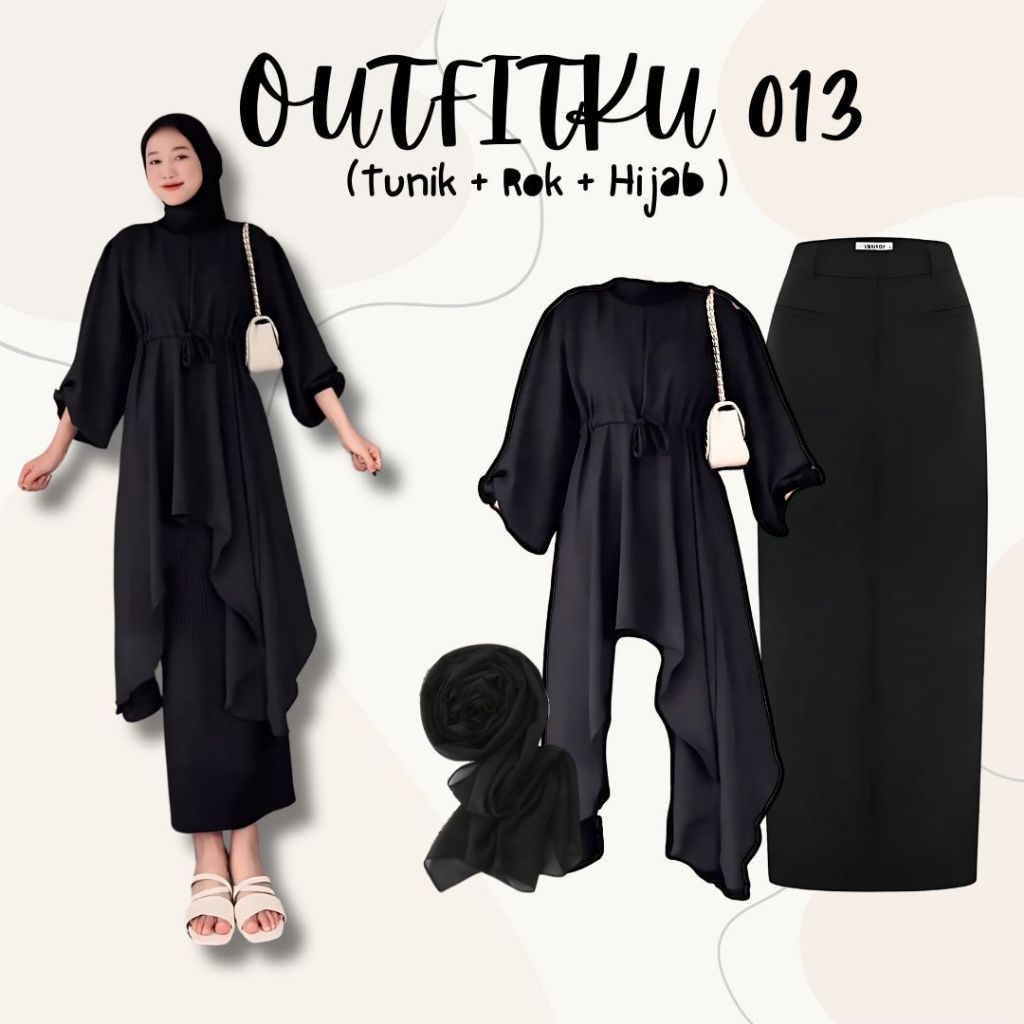 One Set 3in1 Tunik Hitam Rok Span Hijab Bella Square | Outfit Wanita Hangout Kampus SK16