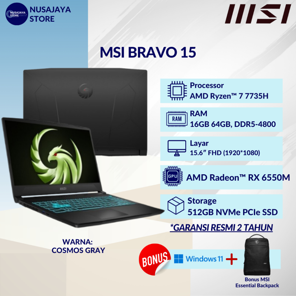 MSI BRAVO 15 AMD RYZEN 7 7735HS 16GB 512GB RX6550M 15.6 FHD IPS 144HZ W11 OHS