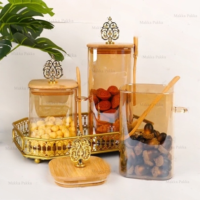 Toples Gold Penyimpanan Makanan Toples Lebaran Kaca Tutup Kayu Bulat Dengan Stoples Penyegel Sendok 