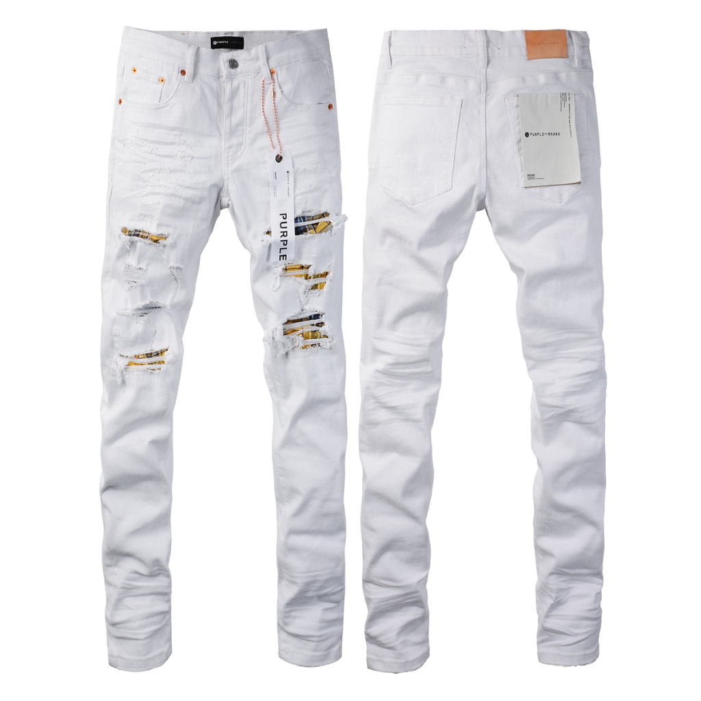PURPLE Celana jeans robek putih pria high street celana slim fit celana kasual berkancing ketat