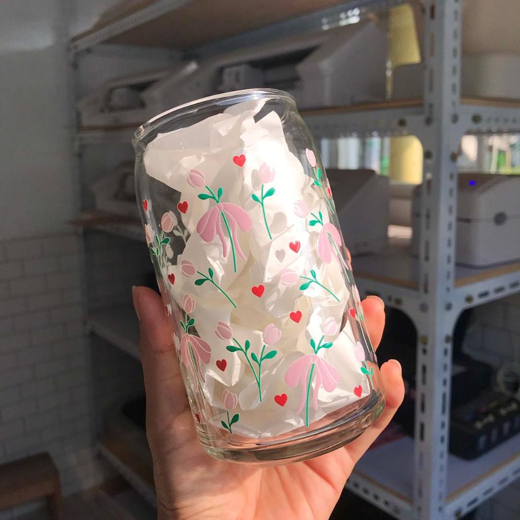 Gelas kaca tulip pita/ gelas aesthetic korea/ gelas kaca motif bunga tulip