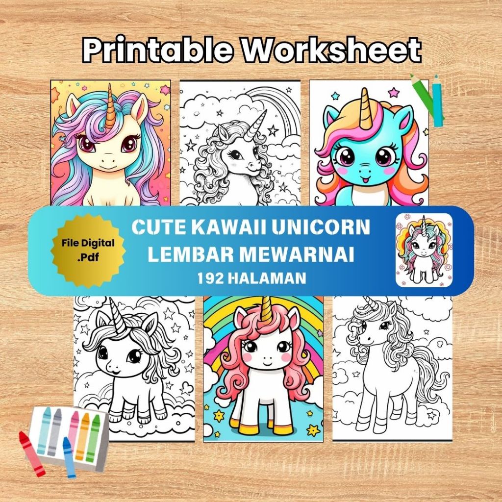 

192 Printable - Digital File Lembar Mewarnai Kawai Cute Unicorn