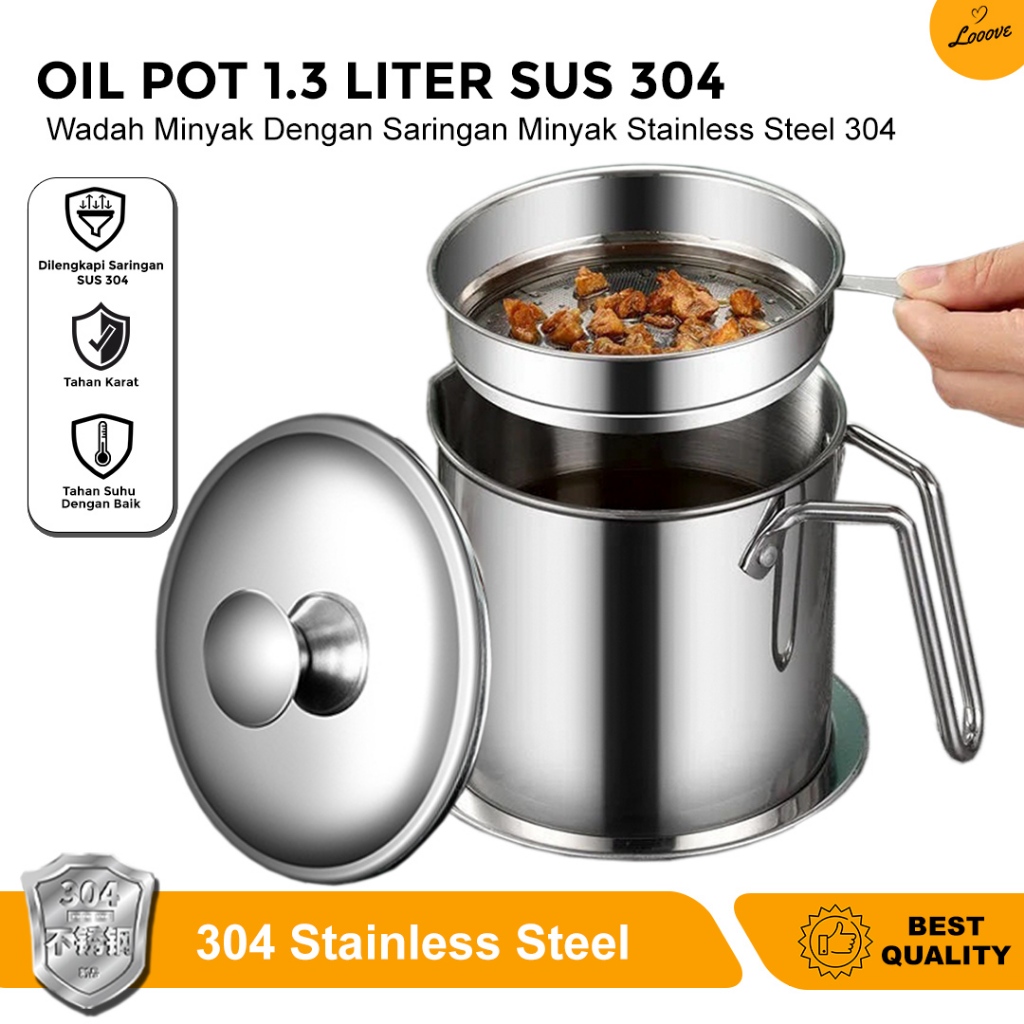 Oil Pot Stainless Steel 304 - Tempat Saring Minyak Bekas Pakai / Wadah Saringan Minyak Stainless