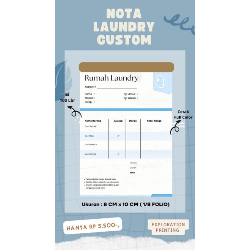 

NOTA LAUNDRY CUSTOM 1/8 FOLIO ISI 100 LEMBAR 1 PLY