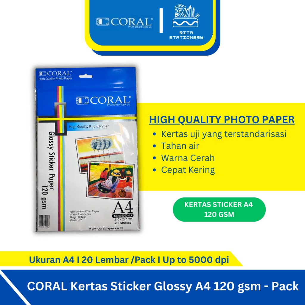 

Coral Glossy Sticker Paper A4 120 gsm / Kertas Sticker / Sticker Tebal Berkualitas - Pack 20 lembar