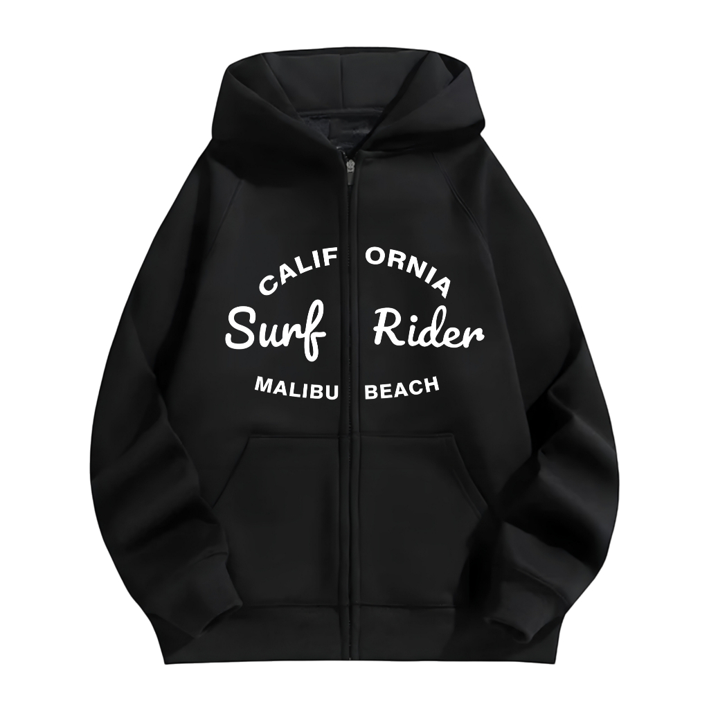 Hoodie Zipper Malibu Beach California Hitam Sanamy Simplix Fleece Grm 240