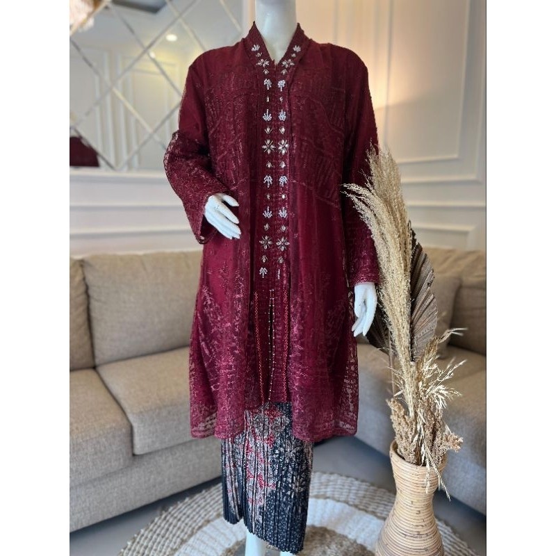 Setelan Kebaya Floy Tunik Payet Bordir | Kebaya Seragam Kondangan Ibu-Ibu Payet Kebaya Kartini Tille