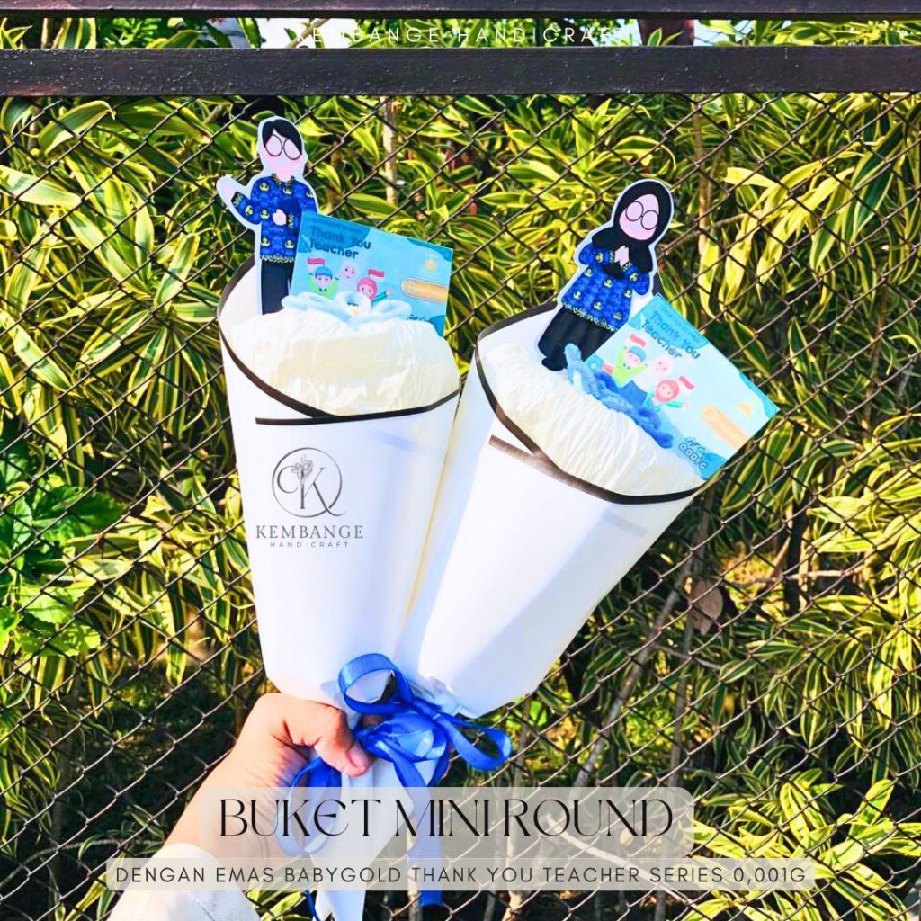 BUKET CONNIE MINI ROUND KADO HARI GURU BABY GOLD THANK YOU TEACHER 0.001 GR KADO EMAS HARI GURU BABY