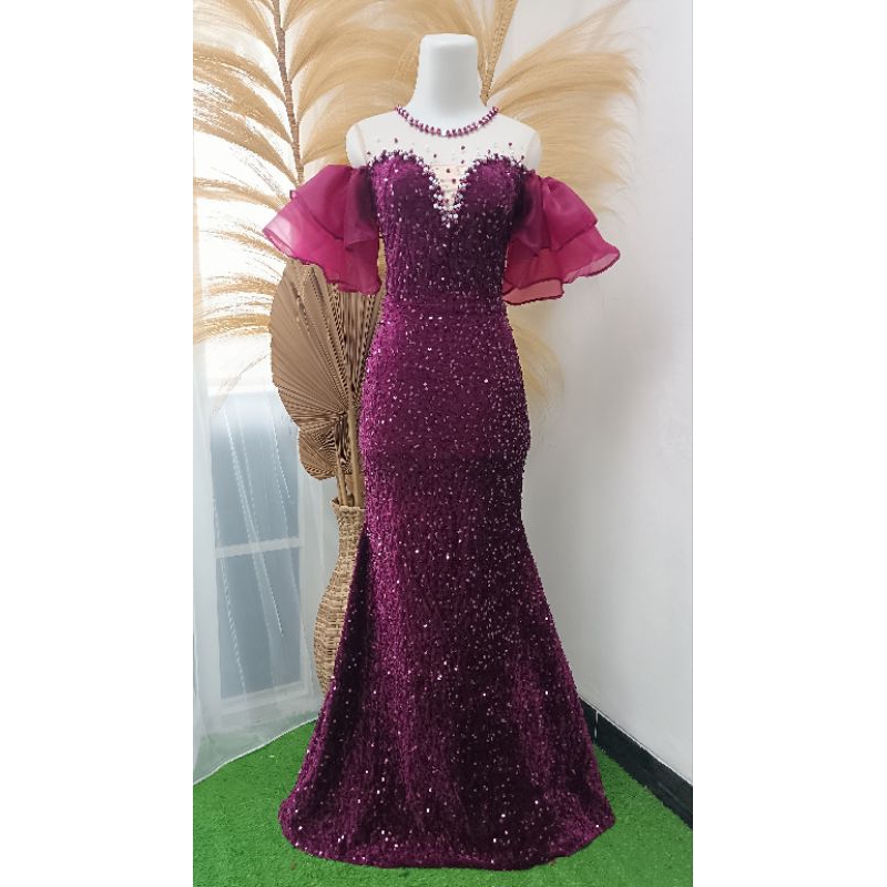 gaun pesta nyanyi bludru squin mewah stretch