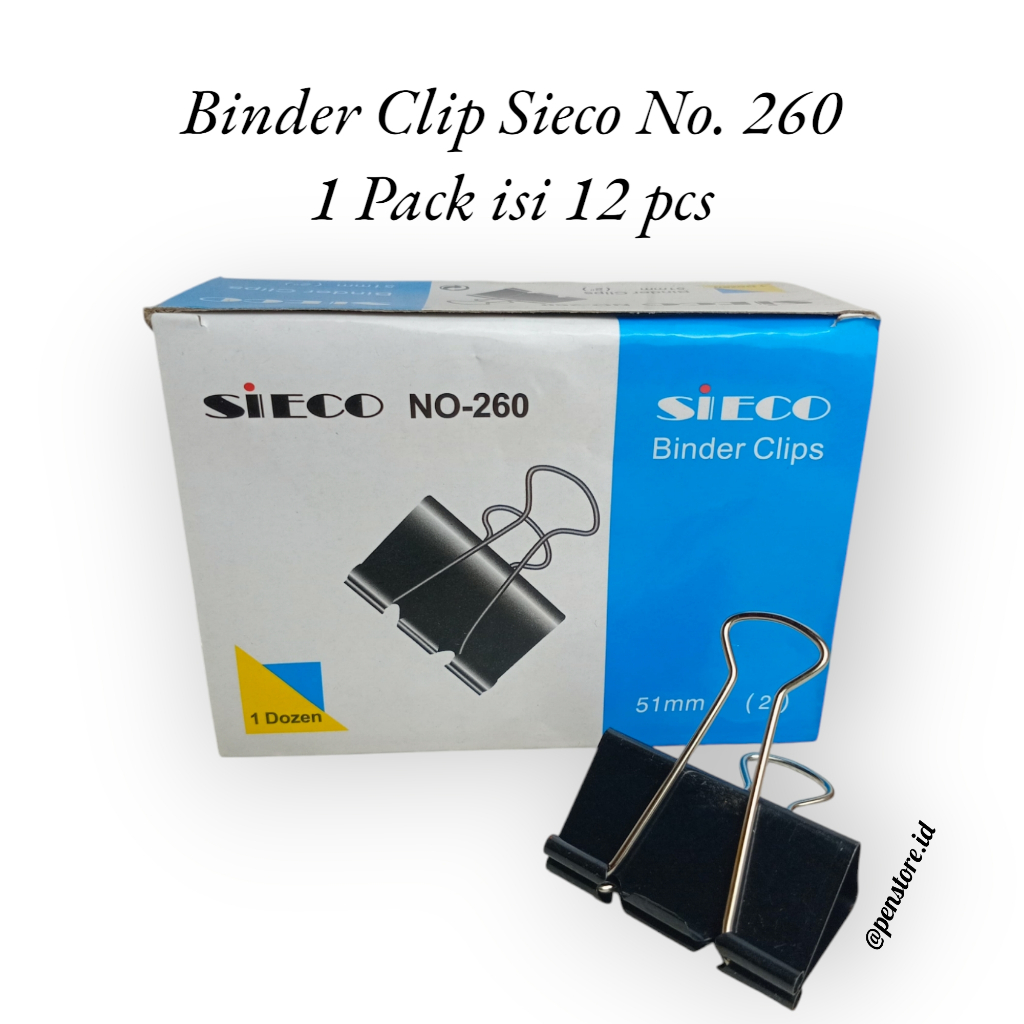 

(1 Pack isi 12 Pcs) Binder Clip Sieco No. 260 / Penjepit Kertas Besar Hitam